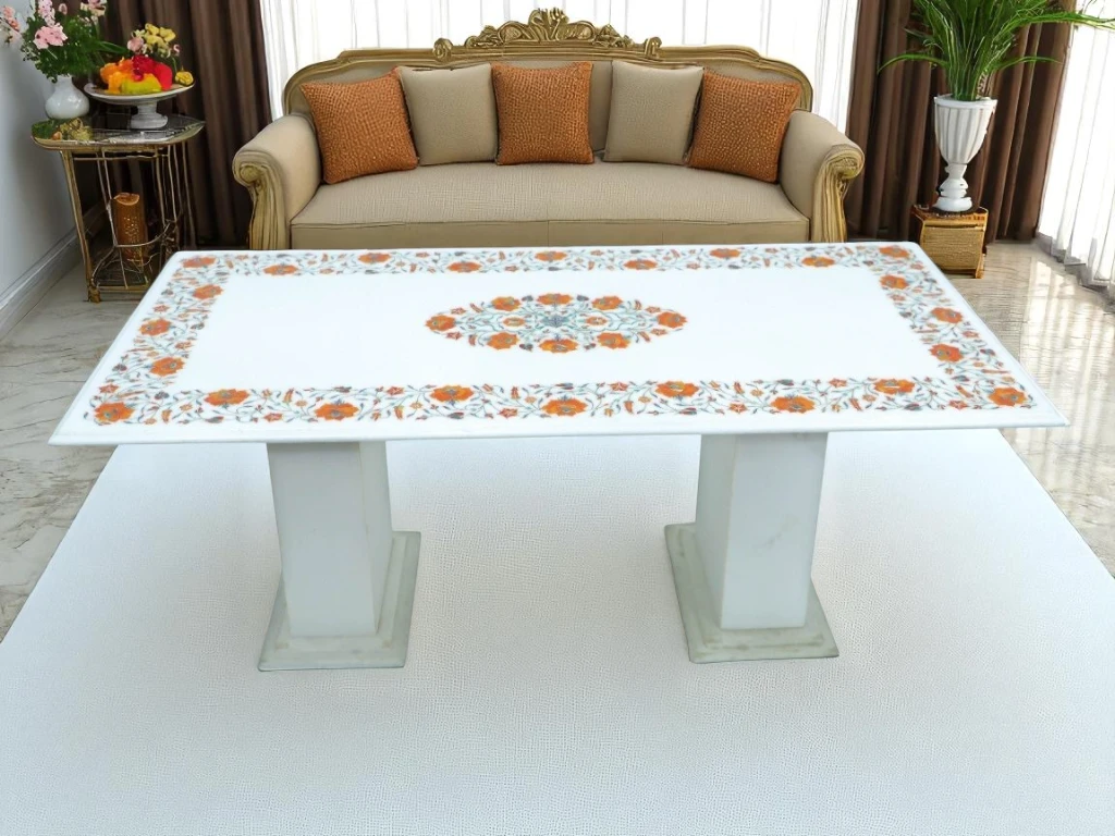 Floral White Marble Dining Table with Carnelian Inlay Home Decor 